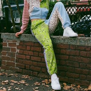 Teddy Fresh Women's Patchwork Sweatpants XS Paisley Green Blue